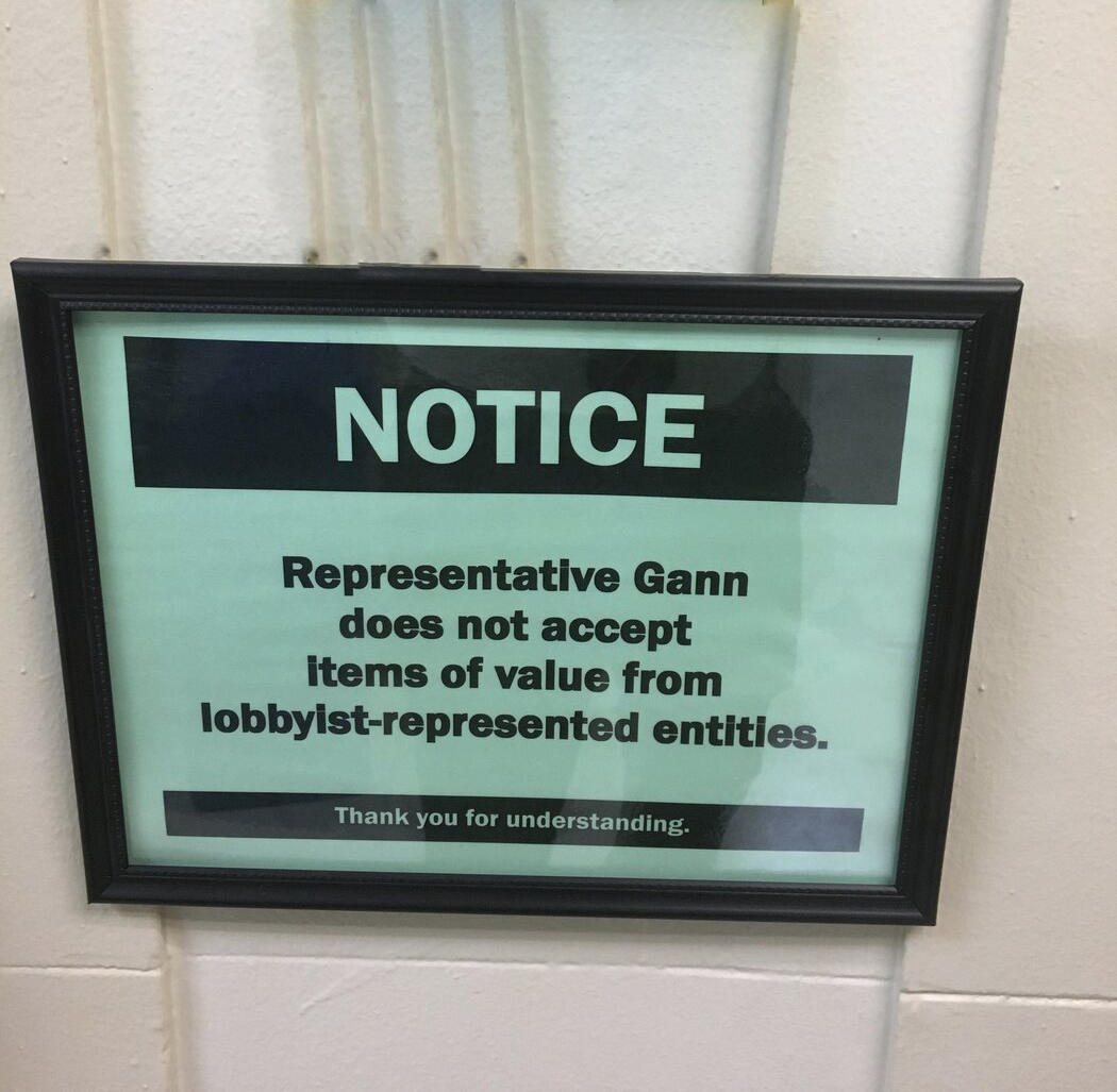 Tom Gann office notice about refusing items of value from lobbyist-represented entities
